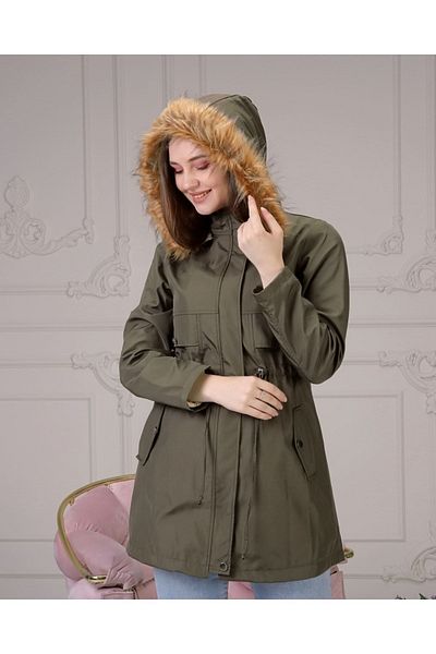 Vibeys Collection Khaki Fur Lined and Waterproof Large Size Oversize Women's Winter Coat & Coat