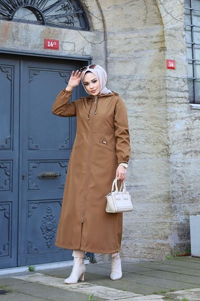 Vibeys Collection Tan Striped Women's Long Trench Coat with Front Pockets and Self-Lining Waterproof