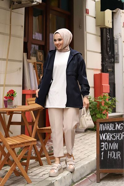 Marjinal City Navy Blue Short Hooded Waterproof Women's Trench Coat