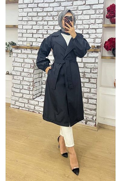 Vibeys Collection Black Double-breasted Collar Waist-tied Balloon Sleeve Trench Coat