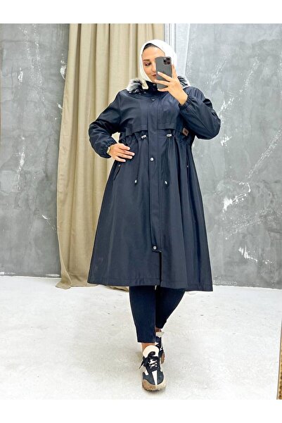 Marjinal City Black Fur Lined and Waterproof Large Size Oversize Women's Winter Coat & Coat