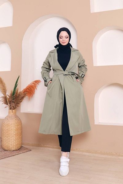 Vibeys Collection Green Sleeve Detailed Belted and Lined Waterproof Women's Trench Coat