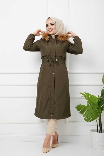 Marjinal City Khaki Fur Lined and Waterproof Large Size Oversize Women's Winter Coat & Coat