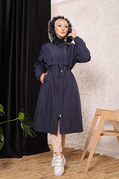 Vibeys Collection Navy Blue Fur Lined and Waterproof Large Size Oversize Women's Winter Coat & Coat