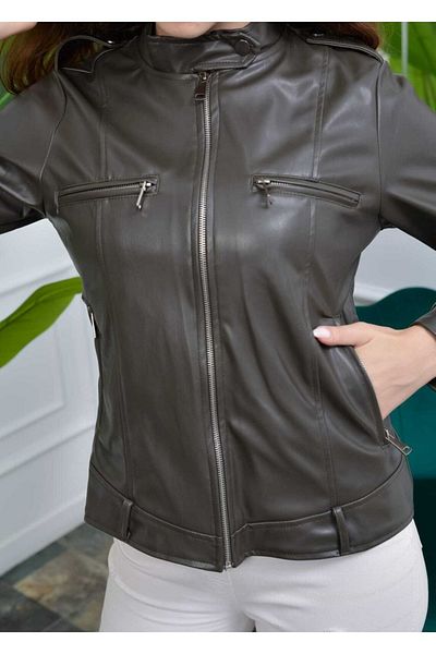 Vibeys Collection Jachetă din piele artificială pentru femei, cu umăr kaki, cu epoleți cu fermoar