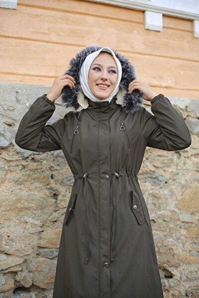 Marjinal City Χακί Γούνινο Εσωτερικό και Αδιάβροχο Ολόσωμο Γυναικείο Χειμερινό Παλτό & Παλτό