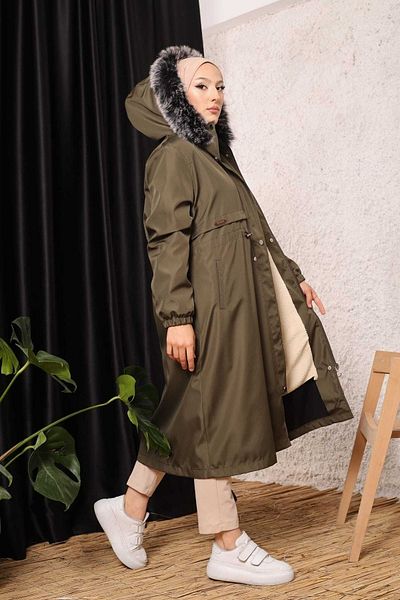 Vibeys Collection Χακί Γούνινο Εσωτερικό και Αδιάβροχο Μεγάλο Μέγεθος Oversize Γυναικείο Χειμερινό Παλτό & Παλτό