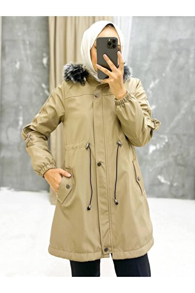 Marjinal City Μπεζ Γούνινο Εσωτερικό και Αδιάβροχο Γυναικείο Χειμερινό Παλτό & Παλτό