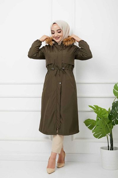 Marjinal City Khaki Fur Lined and Waterproof Large Size Oversize Women's Winter Coat & Coat