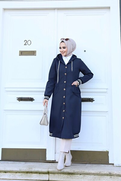 Marjinal City Синій жіночий тренч з капюшоном і ґудзиками, водонепроникний, з рибанелем