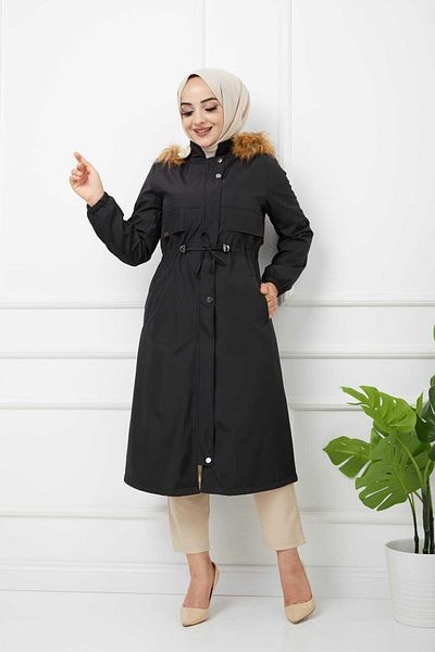 Marjinal City Black Fur Lined and Waterproof Large Size Oversize Women's Winter Coat & Coat