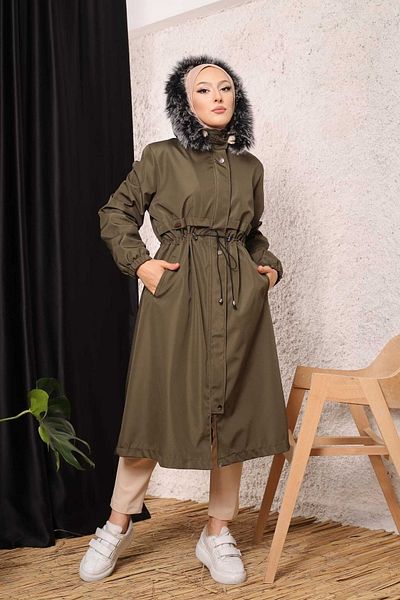 Vibeys Collection Χακί Γούνινο Εσωτερικό και Αδιάβροχο Μεγάλο Μέγεθος Oversize Γυναικείο Χειμερινό Παλτό & Παλτό