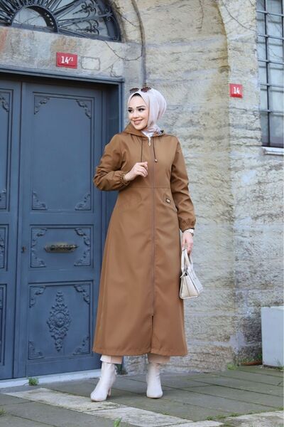 Marjinal City Taba İçi Çizgili Önü Cepli Ve Kendinden Astarlı Su Geçirmez Kadın Uzun Trençkot