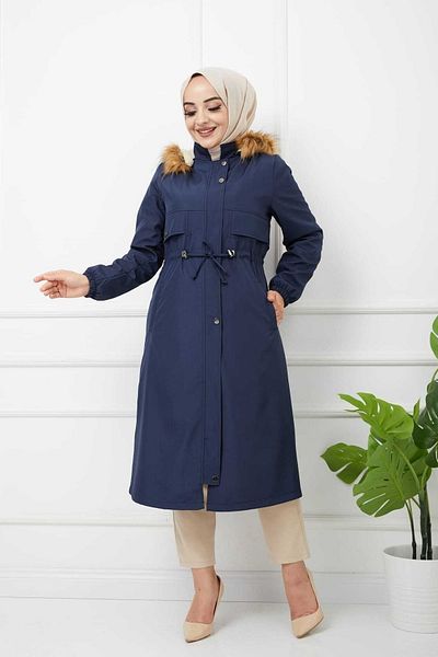 Vibeys Collection Γυναικείο Χειμερινό Παλτό & Παλτό με γούνα Navy Blue με επένδυση και αδιάβροχο