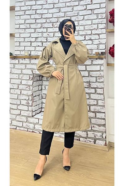 Marjinal City Beige Double-breasted Collar Waist-tied Balloon Sleeve Trench Coat