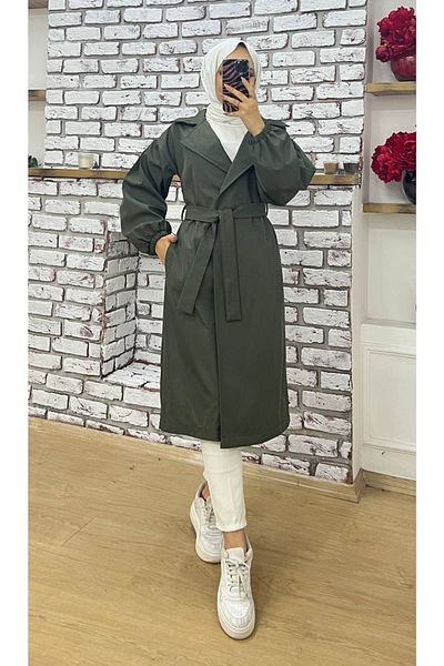 Vibeys Collection Khaki Double-breasted Collar Waist-tied Balloon Sleeve Trench Coat