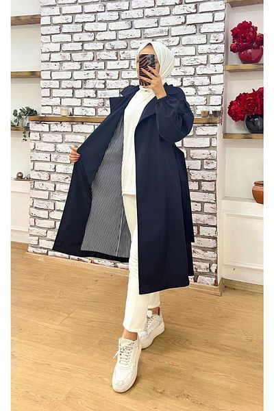 Vibeys Collection Navy Blue Double-breasted Collar Waist-tied Balloon Sleeve Trench Coat
