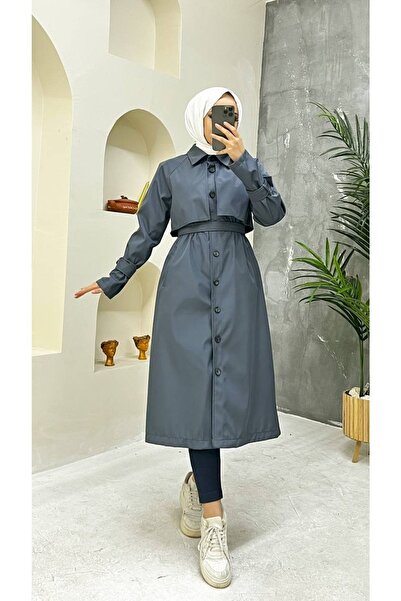 Vibeys Collection Gri Içi Astarlı Ve Düğme Detaylı Kadın Trençkot
