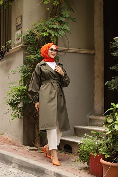 Vibeys Moda Khaki Striped Balloon Sleeve Women's Trench Coat