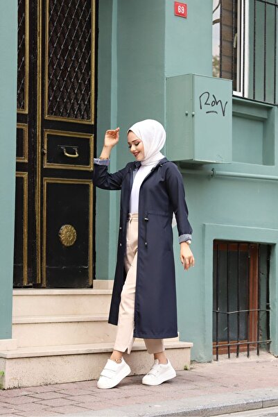 Vibeys Moda Navy Blue Striped Inside and Hooded Waterproof Large Size Women's Trench Coat