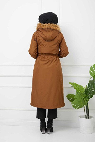 Marjinal City Tan Fur Lined and Waterproof Large Size Oversize Women's Winter Coat & Coat