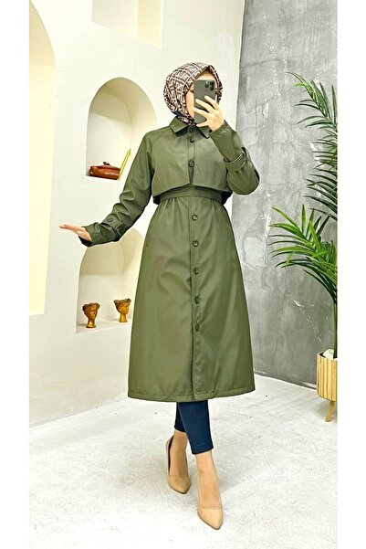 Vibeys Collection Haki Içi Astarlı Ve Düğme Detaylı Kadın Trençkot