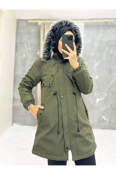Marjinal City Khaki Fur Lined and Waterproof Women's Winter Coat & Coat