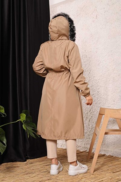 Marjinal City Beige Fur Lined and Waterproof Large Size Oversize Women's Winter Coat & Coat