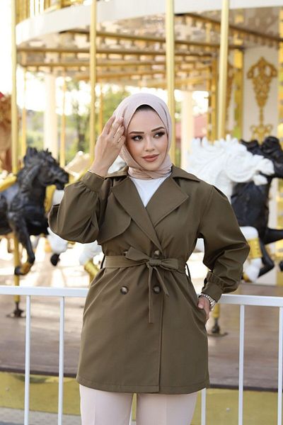 Vibeys Moda Khaki Double Breasted Collar Waterproof Women's Trench Coat with Button Detail on the Front