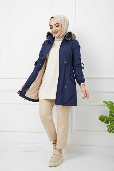 Vibeys Collection Γυναικείο χειμωνιάτικο παλτό και παλτό με γούνινο και αδιάβροχο μπλε Navy