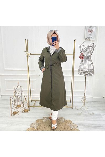 Marjinal City Khaki Striped Inside and Self Lined Waterproof Women's Trench Coat