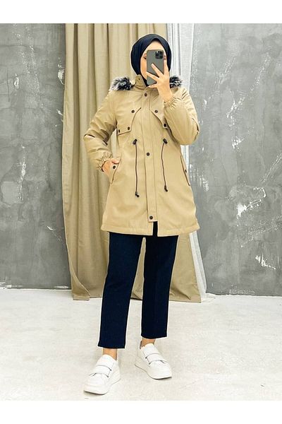 Vibeys Collection Beige Fur Lined and Waterproof Women's Winter Coat & Coat