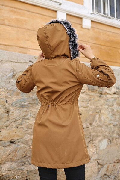 Vibeys Collection Tan Furry And Waterproof Γυναικείο Χειμερινό Παλτό & Παλτό
