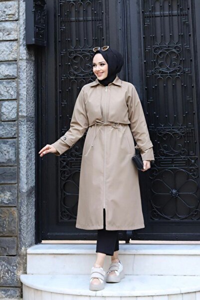 Vibeys Collection İçi Astarlı Fermuarlı Su Geçirmez Kadın Trençkot