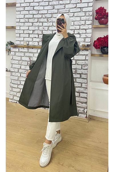 Vibeys Collection Khaki Double-breasted Collar Waist-tied Balloon Sleeve Trench Coat