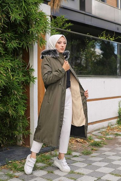 Marjinal City Khaki Fur Lined and Waterproof Large Size Oversize Women's Winter Coat & Coat