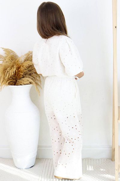 VOSVOSBABYSTORE طقم بلوزة وبنطلون أبيض بأكمام بالون
