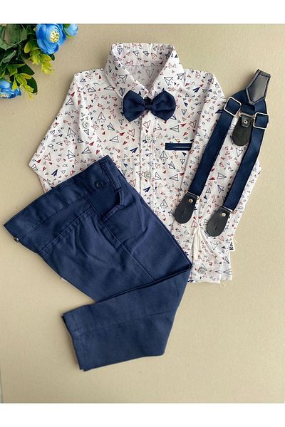 ÖZÖZ BEBE Boy's Oxford White Shirt with Bow Tie and Navy Blue Trousers Suit