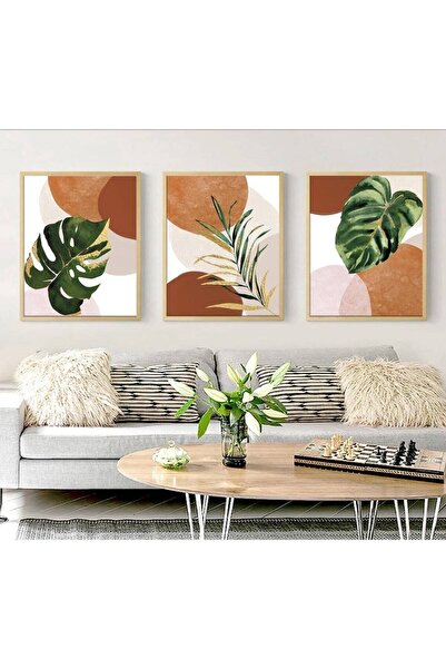 woodhomeworks Boho Ahşap Çerçeveli 3 Lü Soyut Dekoratif Tablo qmrc