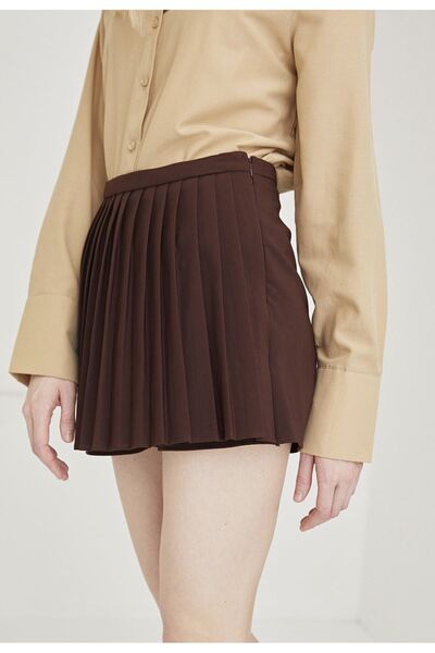 Quzu Önü Pileli Premium Kalite Kahverengi Şort Etek