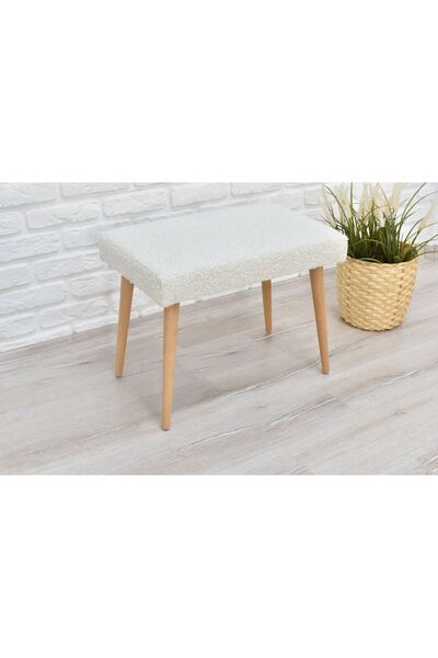 talasmart Puf & Bench - Teddy Krem Kumaş Kaplı Naturel Ahşap Ayaklı Dikdörtge...