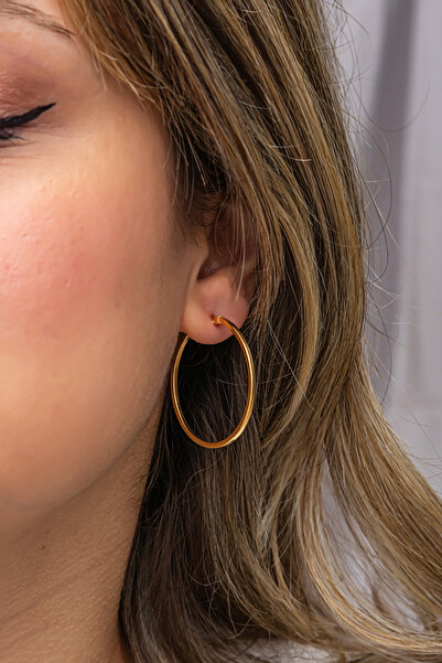 Nereze 925 Ayar Gümüş Gold Kaplama 30 mm Sade Halka Küpe