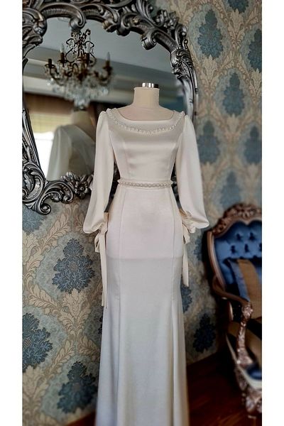 MODAMAKKO Ecru White Satin - Lace-up Sleeves, Engagement and Wedding Dress