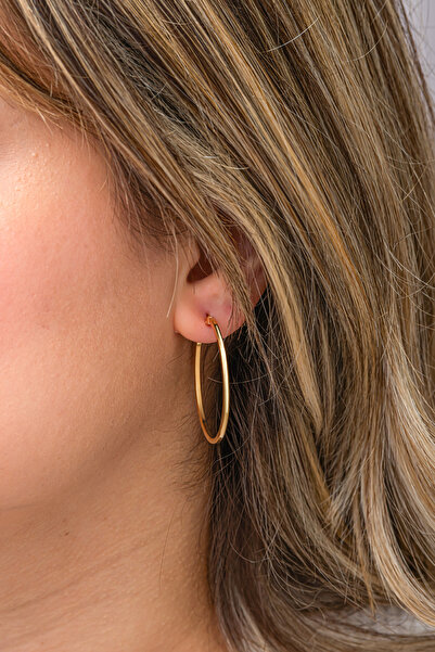 Nereze 925 Ayar Gümüş Gold Kaplama 30 mm Sade Halka Küpe