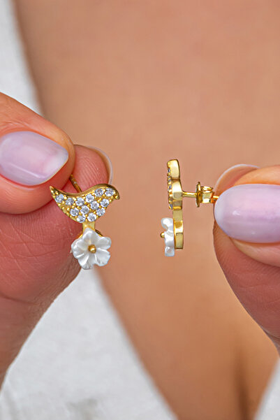 Nereze 925 Ayar Gümüş Gold Kaplama Manolya Çiçeği Kuş Figürlü Küpe