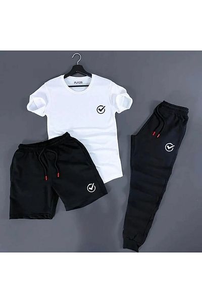 Plaza Butik Men's Tracksuit Set - Teak Design, Oversize T-shirt, Shorts and Sweatpants Set of 3