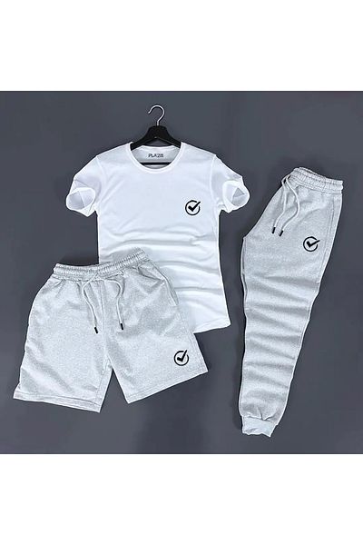 Plaza Butik Men's Tracksuit Set - Teak Design, Oversize T-shirt, Shorts and Sweatpants Set of 3