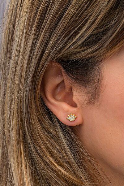 Nereze 925 Ayar Gümüş Gold Kaplama Minimal Kral Tacı Küpe