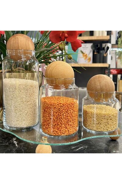 Evimin Eşyası Set of 3 Glass Jars with Wooden Ball Lids
