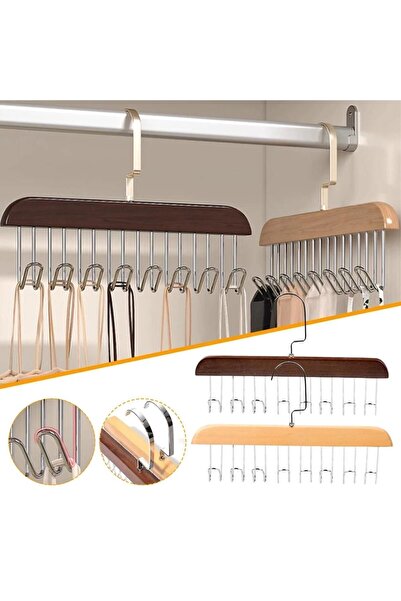 RELATOS 8 Kancalı Askı Çok Fonksiyonlu Ahşap Kemer Kravat Eşarp Dolap Askısı